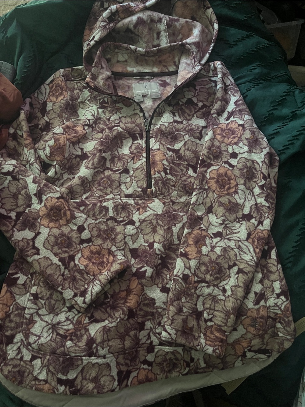 Royal Robbin’s Floral Half-Zip Fleece Hoodie in Mauve & Cream